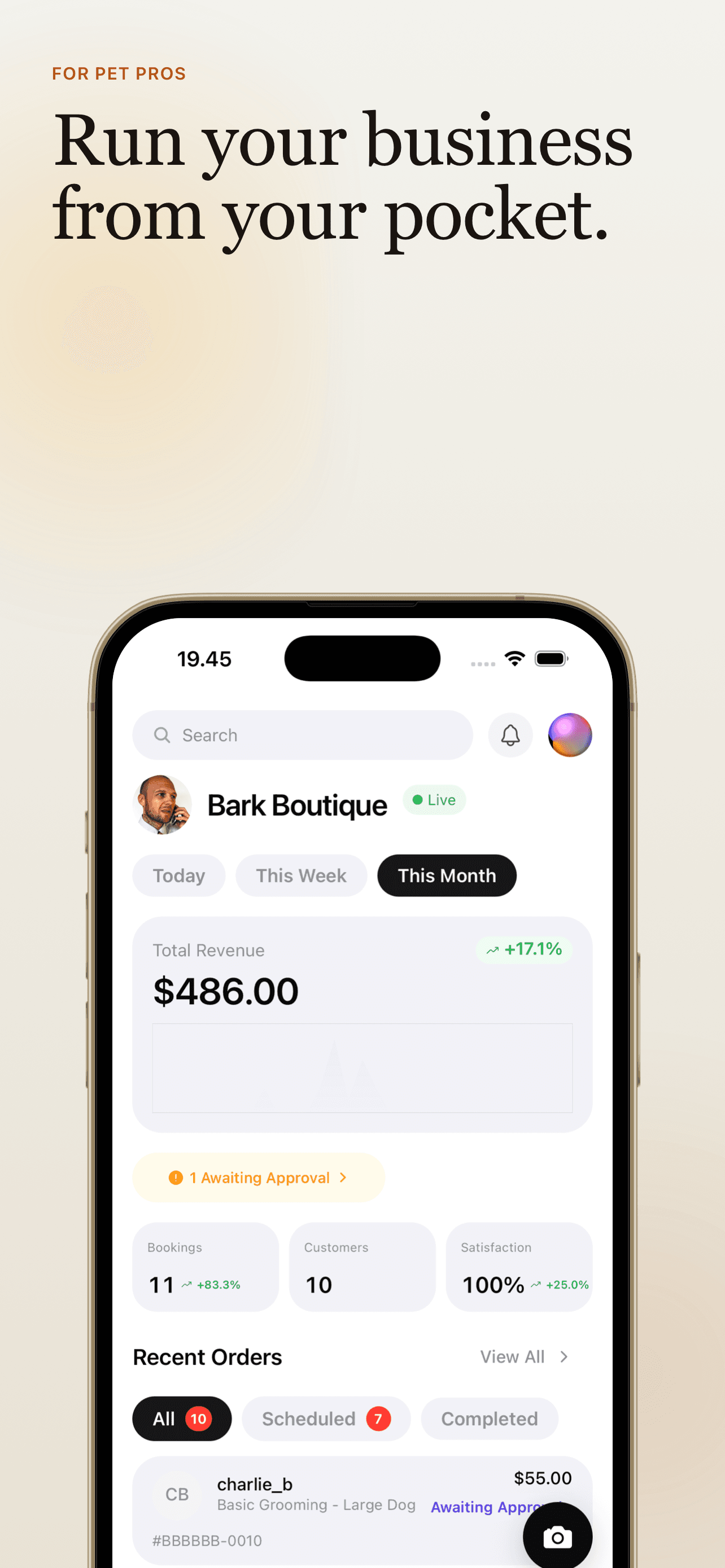Bark Boutique business dashboard showing revenue, bookings, customers and approval queue