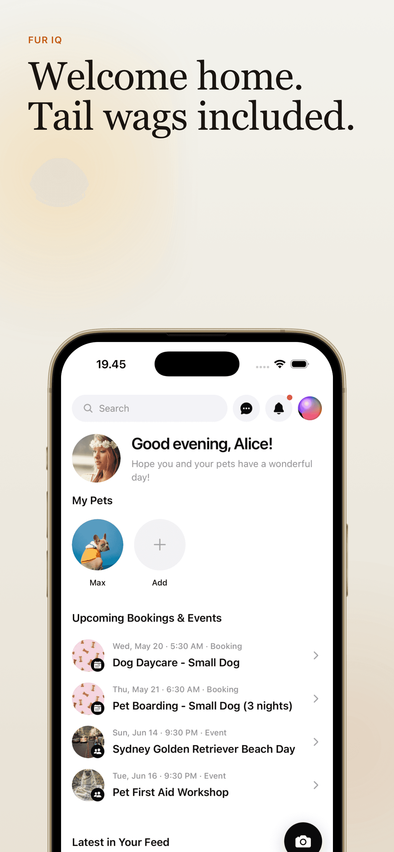 Fur IQ home screen with a personal greeting, the user's pets, and upcoming bookings and events