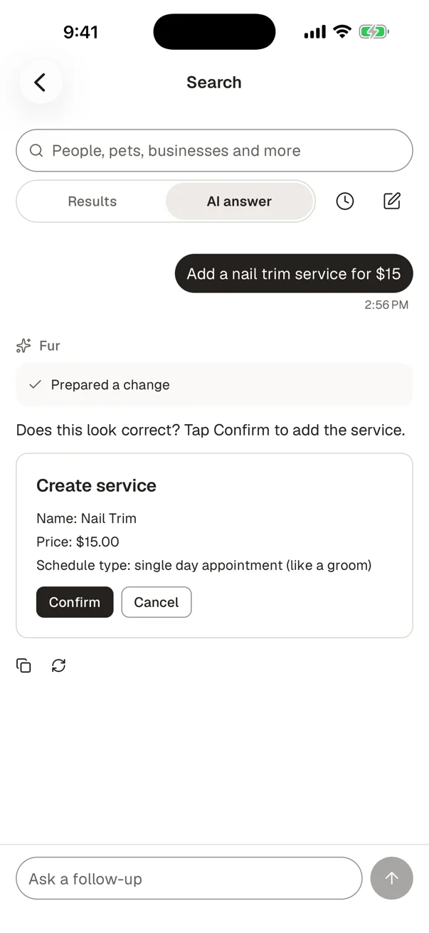 The Fur IQ business assistant proposing a new Nail Trim service at $15, with Confirm and Cancel
