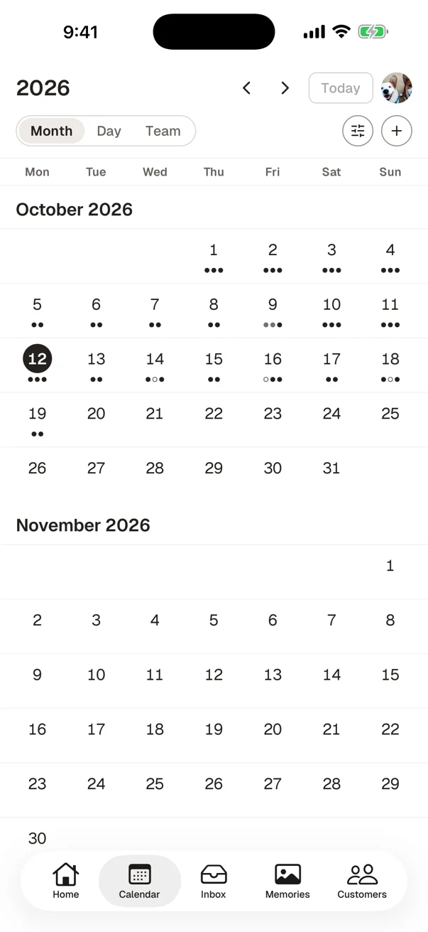 Bondi Paw Patrol's calendar for October, with each day's bookings marked