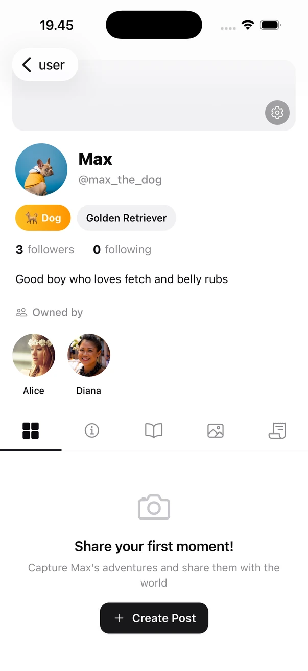 Pet profile for Max the Golden Retriever showing breed, owners, followers and feed